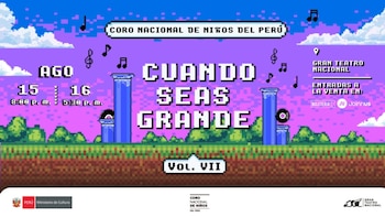 Diseño gráfico estilo pixel art anuncia concierto. Incluye texto 'Coro Nacional de Niños del Perú', 'Cuando seas grande Vol. VII', fechas, horarios y lugar