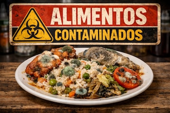 Plato de comida enmohecida (arroz, pollo, verduras, tomate) sobre mesa de madera. Detrás, un letrero con símbolo de riesgo biológico dice "ALIMENTOS CONTAMINADOS".
