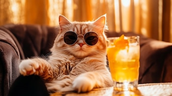 Gato con lentes de sol disfrutando un cóctel decorativo, estilo playero, mascota con accesorios divertidos, foto veraniega. - (Imagen Ilustrativa Infobae)