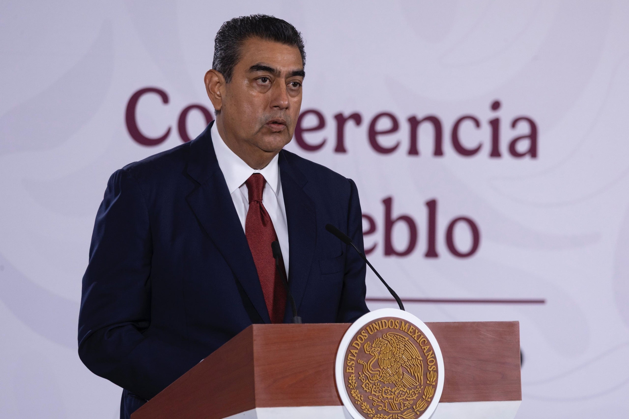 Sergio Salomón Céspedes estuvo este viernes en la conferencia de prensa matutina de la presidenta Claudia Sheinbaum. (Cortesía)