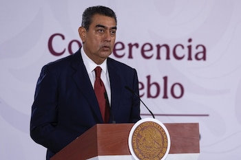Sergio Salomón Céspedes estuvo este viernes en la conferencia de prensa matutina de la presidenta Claudia Sheinbaum. (Cortesía)
