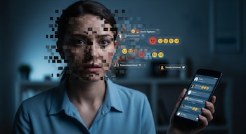 El rostro de una mujer aparece pixelado mientras se desintegra. Flotan emojis y burbujas de chat negativas. Una mano sostiene un teléfono móvil con redes sociales.