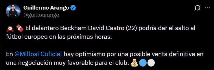 Beckham Castro tendría su primera experiencia internacional porque un club lo compraría a Millonarios - crédito @guilloarango/X