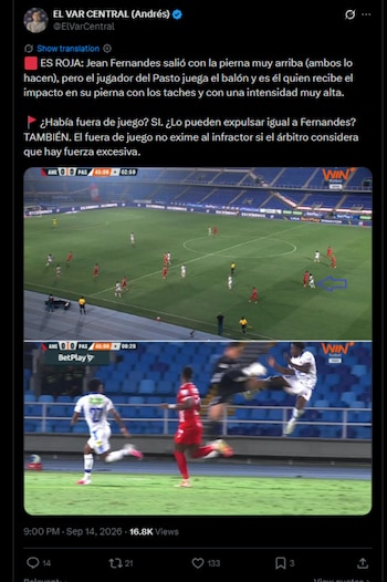 La tarjeta roja directa a Jan Fernandes dejó al América de Cali con 10 jugadores durante más de un tiempo en el Pascual Guerrero-crédito @ElVarCentral/X