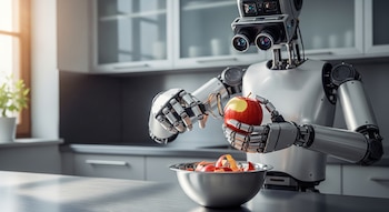 Un robot de color plateado con un cabezal de cámaras sostiene una manzana roja parcialmente pelada y un pelador, con un cuenco de cáscaras.