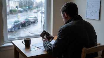 Un hombre de espaldas mira una billetera vacía sobre una mesa con facturas, una taza y una tarjeta, frente a una ventana con lluvia.