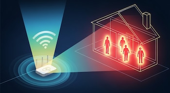 Ilustración de un router WiFi blanco emitiendo ondas de señal hacia una casa esquemática. Dentro de la casa, cuatro figuras humanas rojas brillan, indicando detección.