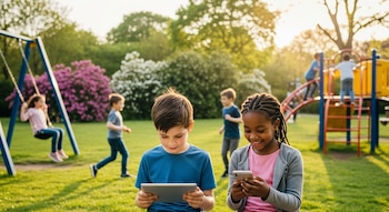 Un niño y una niña sentados en el césped usan una tableta y un teléfono móvil; al fondo, otros niños juegan en columpios y un parque infantil.