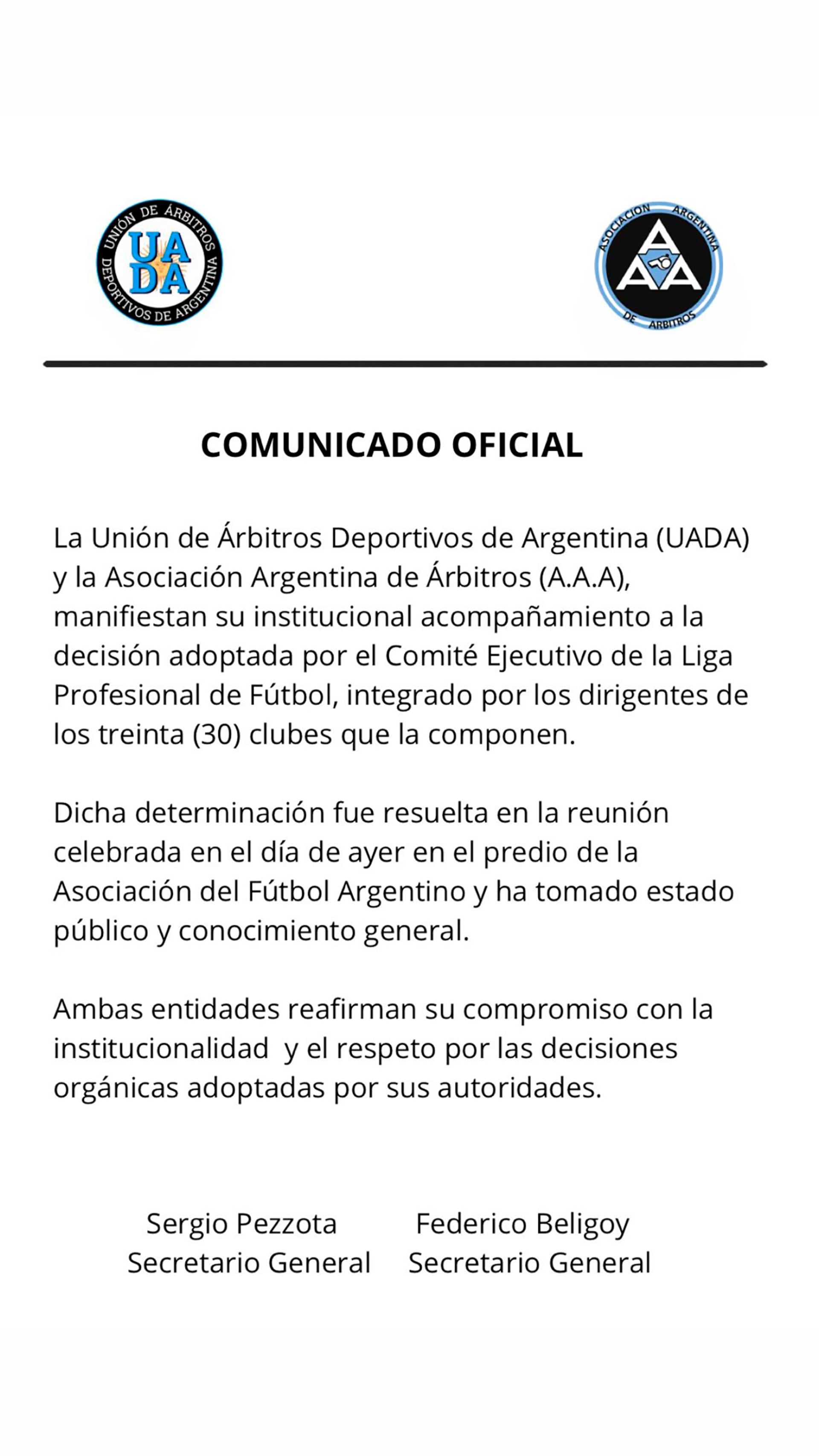 El comunicado que difundieron la Unión de Árbitros Deportivos de Argentina (UADA) y la Asociación Argentina de Árbitros (Α.Α.Α) anunciaron un paro general