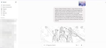 Captura de pantalla de la interfaz de Gemini con un chat. Se observa un prompt en texto y un dibujo lineal en blanco y negro de tres mujeres