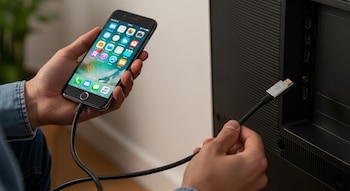 Primer plano de manos de una persona, una sostiene un teléfono móvil, la otra conecta un cable HDMI a un puerto de un televisor.