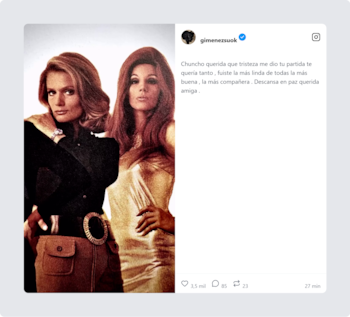 Fotografía de archivo que muestra a Susana Giménez en blusa negra con cinturón y a Chunchuna Villafañe en un vestido dorado, posando con elegancia