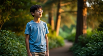 Niño de 12 años con anteojos, de pie en un jardín, mirando a lo lejos entre árboles y plantas