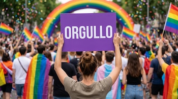 Mujer de espaldas sostiene cartel morado que dice Orgullo, rodeada de multitud con banderas arcoíris, un arcoíris inflable y confeti.
