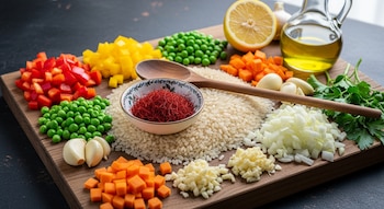 Granos de arroz, azafrán, pimentones rojo y amarillo, guisantes, zanahoria, cebolla, ajo, limón, perejil, aceite y cuchara de madera en una tabla.