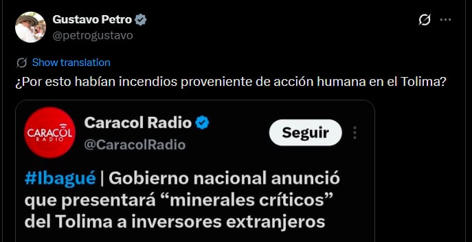 Petro preguntó si los incendios registrados en el departamento estaban relacionados con el propósito anunciado por el Gobierno de Abelardo de la Espriella - crédito @petrogustavo/X