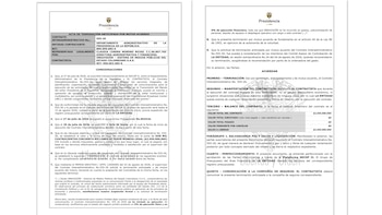 Acta de terminación anticipada del contrato entre la Presidencia e Inravisión, que certifica un 0 % de ejecución del convenio por $2.450 millones para la transmisión de la posesión presidencial - crédito Daniel Briceño/X