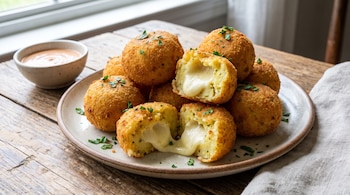 Un plato contiene bombas de papa fritas cubiertas de perejil, una partida a la mitad muestra el queso fundido. Hay un cuenco pequeño de salsa y una servilleta.