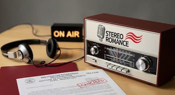 Radio antigua Stereo Romance sobre una mesa de madera clara con auriculares, una señal 'ON AIR' apagada y un documento de Telcor sellado como 'cancelado'.