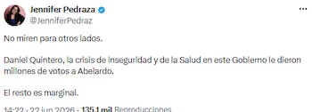 “No miren para otros lados”: Pedraza señaló crisis en seguridad y salud como motor de votos para Abelardo de la Espriella - crédito @JenniferPedraz/X