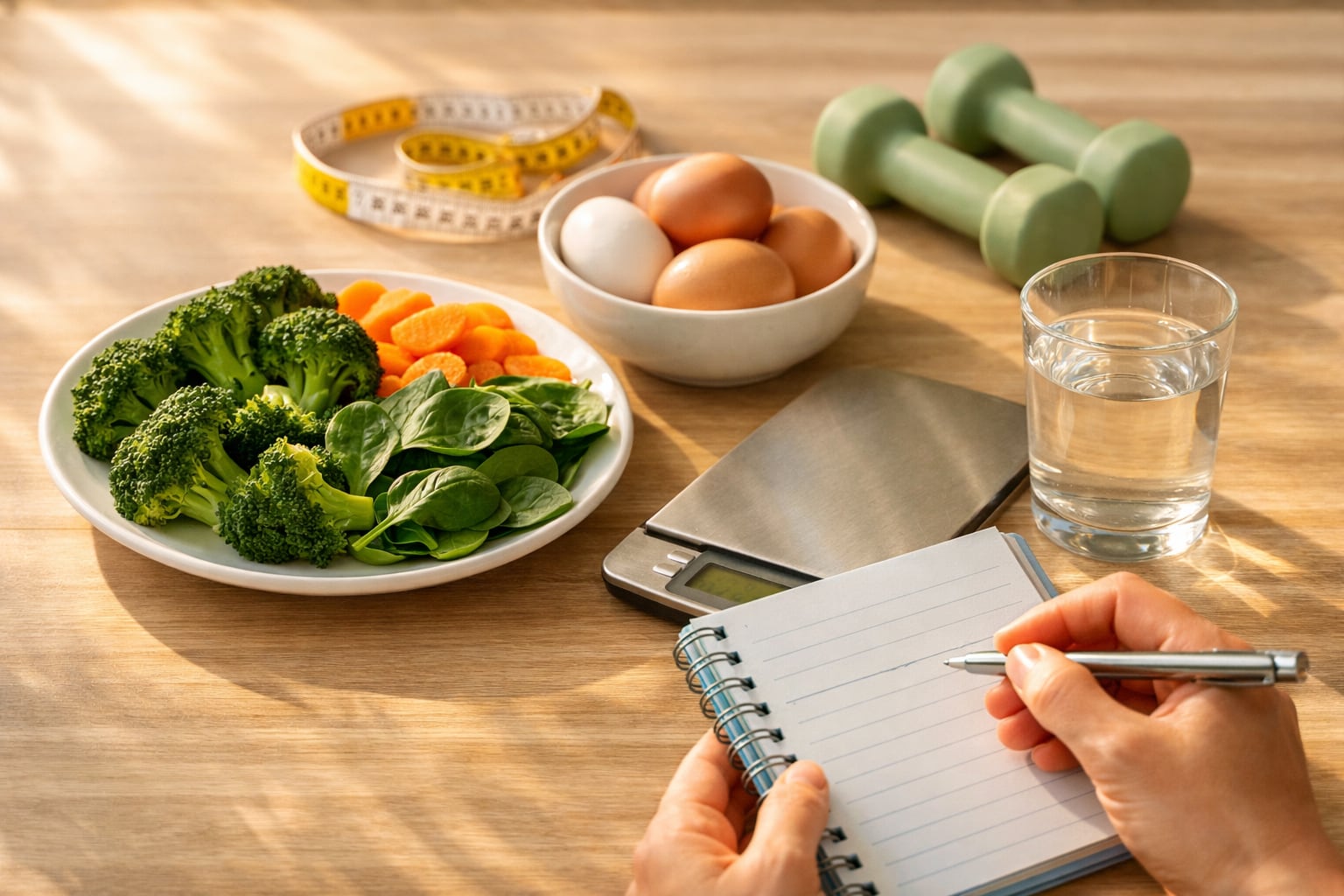 Una persona anota un plan de comidas saludable en una libreta, junto a alimentos frescos y equipos de ejercicio. (Imagen Ilustrativa Infobae)