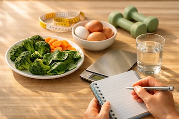 Una mano escribe en una libreta sobre una mesa de madera con un plato de brócoli, zanahoria y espinaca, huevos, balanza, vaso de agua, cinta métrica y pesas.