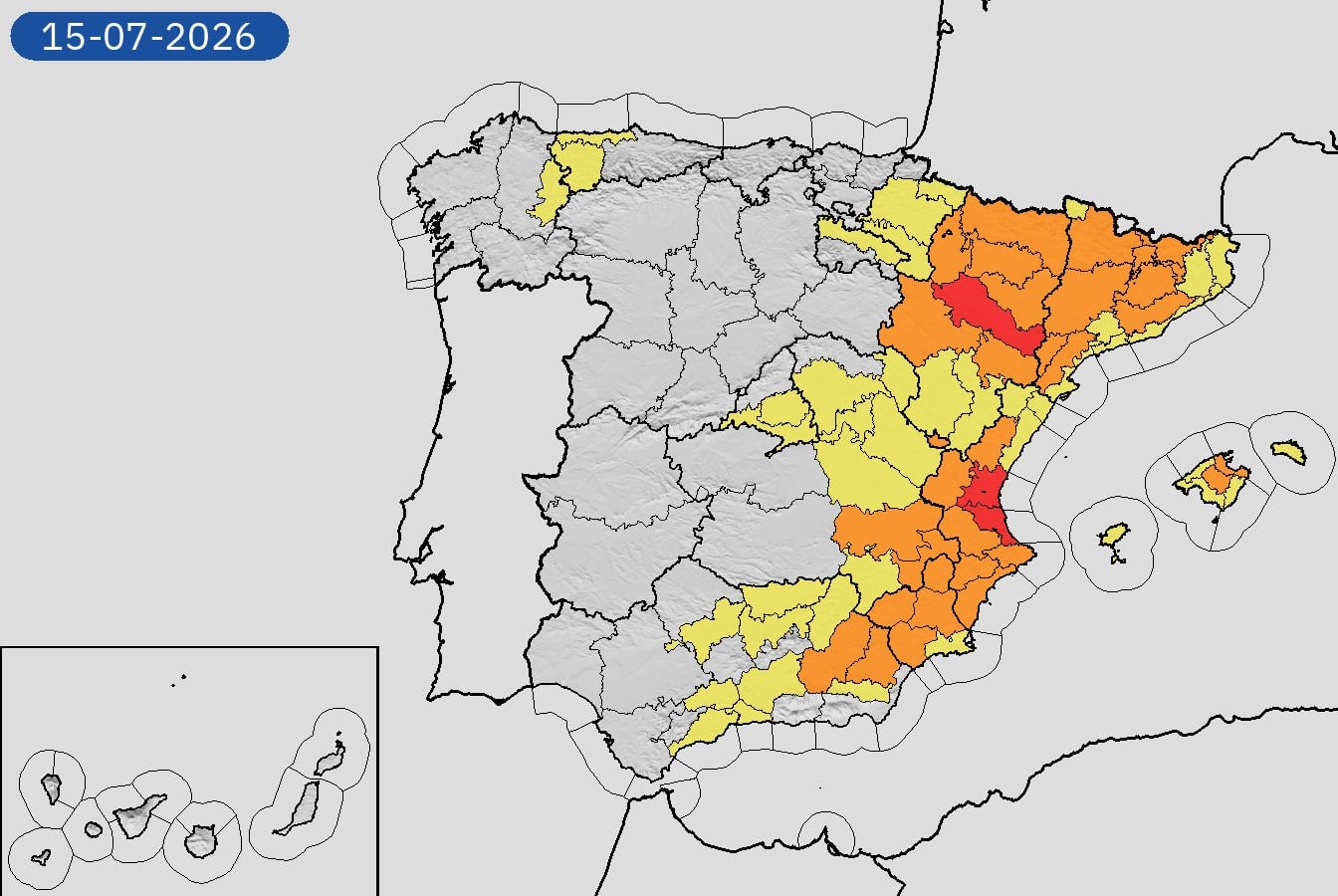 Mapa de alertas meteorológicas por lluvias, tormentas y temperaturas elevadas para este miércoles, 15 de julio de 2026. (Aemet)