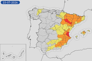 Mapa de alertas meteorológicas por lluvias, tormentas y temperaturas elevadas para este miércoles, 15 de julio de 2026. (Aemet)