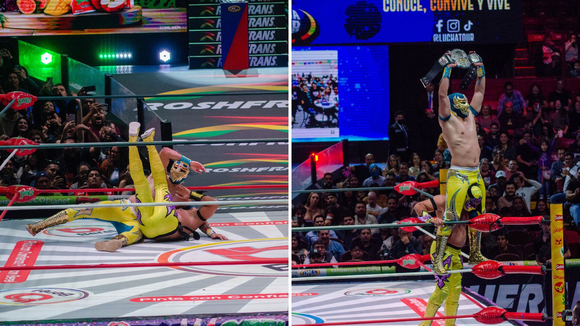 Con un mortal invertido desde la tercera cuerda, Máscara Dorada defendió el Campeonato Histórico Welter NWA-CMLL frente a Capitán Suicida. (CMLL / Óscar Reyes)