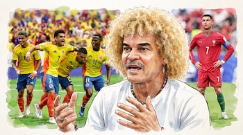 Ilustración estilo acuarela de Carlos Valderrama gesticulando. Detrás, futbolistas de Colombia celebrando y Cristiano Ronaldo con uniforme de Portugal.