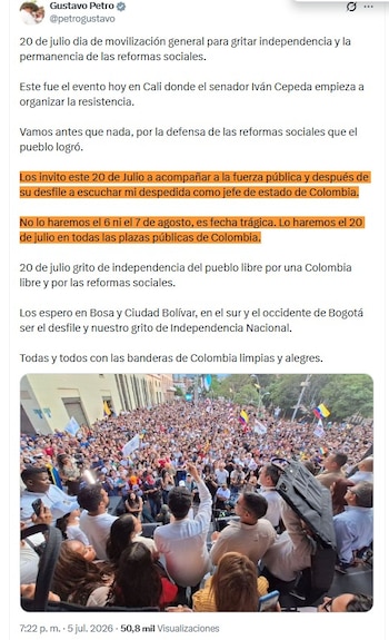El presidente Gustavo Petro anunció que realizará su despedida oficial el próximo 20 de julio, durante la conmemoración del Día de la Independencia - crédito @petrogustavo/X