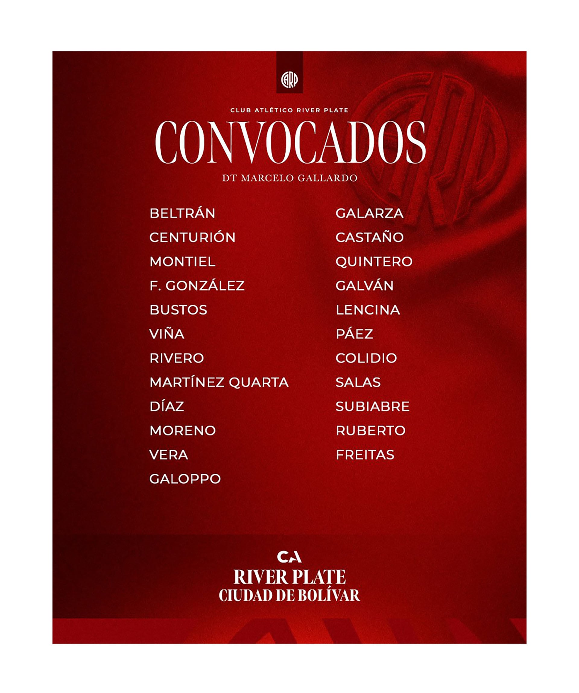 Este gráfico oficial del Club Atlético River Plate presenta la lista de jugadores convocados por el director técnico Marcelo Gallardo. (@RiverPlate)
