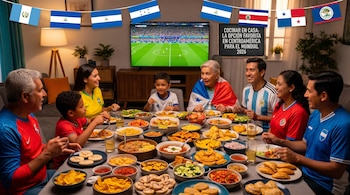 Familia diversa reunida alrededor de una mesa con abundante comida. Ven un partido de fútbol en televisión con banderas centroamericanas y camisetas de equipos.