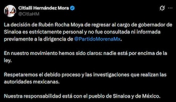 La presidenta de la Comisión de Elecciones de Morena, Citlalli Hernández, no estaba enterada de la decisión de Rubén Rocha Moya.
Crédito: X/ @CitlaHM