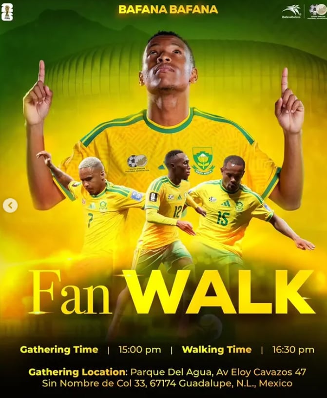 La invitación de la federación sudafricana de fútbol para que sus hinchas los acompañen en el recorrido hacía el estadio - crédito @bafanabafanaofficial/Instagram