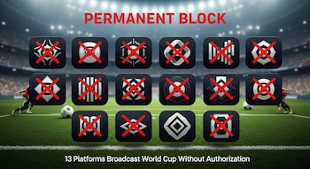 Vista de un campo de fútbol con 13 iconos de plataformas bloqueadas superpuestos, con una X roja, y el texto "BLOQUEO PERMANENTE" en rojo.