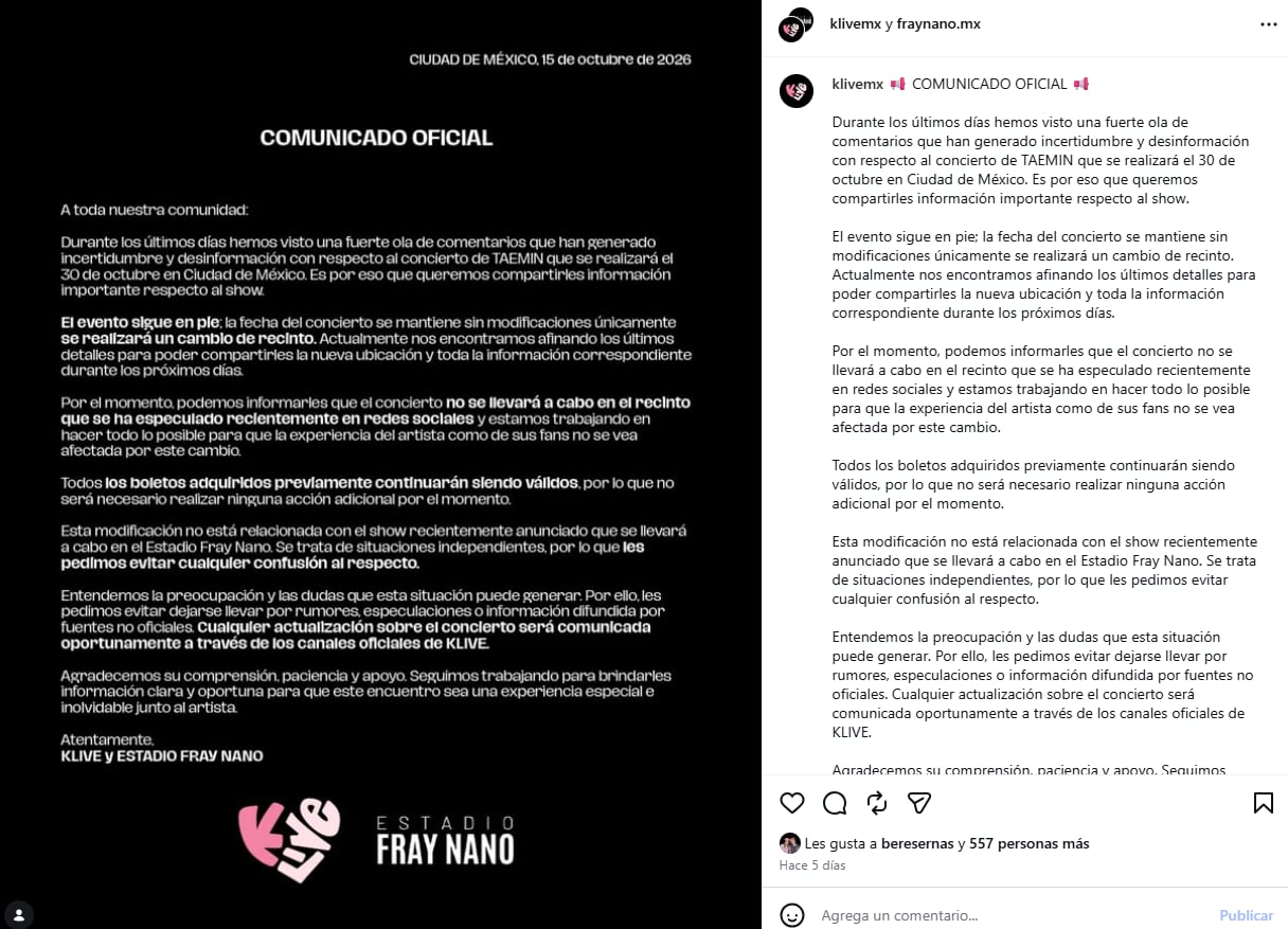 Comunicado de KLIVE. El primer comunicado que emitieron fue eliminado de sus redes sociales. (Capturas de pantalla)