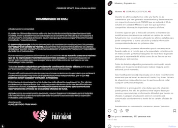 Comunicado de KLIVE. El primer comunicado que emitieron fue eliminado de sus redes sociales. (Capturas de pantalla)