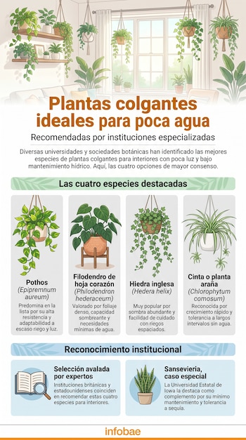 Infografía que muestra varias plantas colgantes de interior en macetas y estantes, junto con descripciones textuales de las especies.
