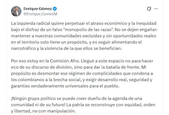 Enrique Gómez cuestionó las políticas impulsadas por sectores de izquierda para las comunidades afrocolombianas - crédito @Enrique_GomezM/X