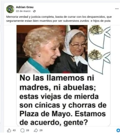 Otro de los posteos del candidato a convencional constituyente, Adrián Grau, en esta ocasión atacando a las Abuelas y Madres de Plaza de Mayo (Facebook)