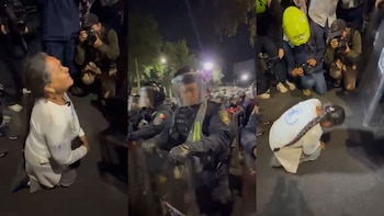 “¡Déjennos pasar!”: Madre buscadora se arrodilla ante policías para exigir paso al Estadio Ciudad de México