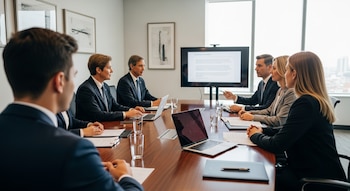 Seis personas vestidas de traje sentadas alrededor de una mesa de reuniones de madera. Hay laptops, documentos, vasos de agua y una pantalla grande con texto.