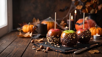 Tres manzanas acarameladas con chocolate y frutos secos sobre una mesa de madera con pequeñas calabazas, velas encendidas y hojas secas.