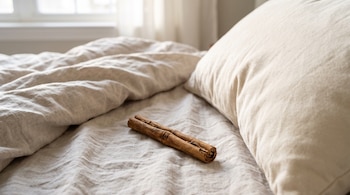 Una rama de canela, una cama con ropa de cama clara y una almohada en primer plano, con una ventana al fondo.