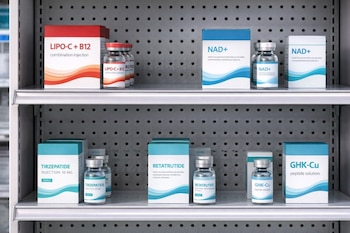 Estantes con cajas y viales de inyecciones de LIPO-C + B12, NAD+, Tirzepatide, Retatruride y solución de péptidos GHK-Cu.