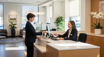 Dos mujeres en trajes de negocios en un mostrador de banco moderno. Una de pie entrega documentos a la otra sentada, con monitores y plantas de fondo.