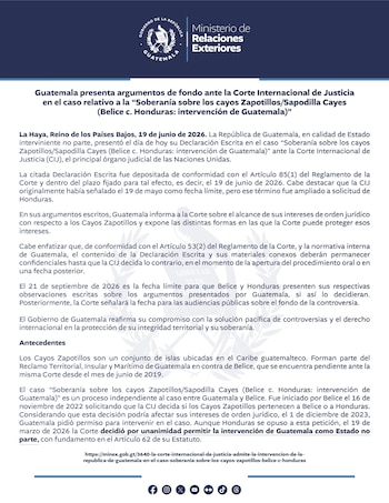 Documento oficial del Ministerio de Relaciones Exteriores de Guatemala con el escudo nacional y texto sobre presentación de argumentos ante la Corte Internacional de Justicia