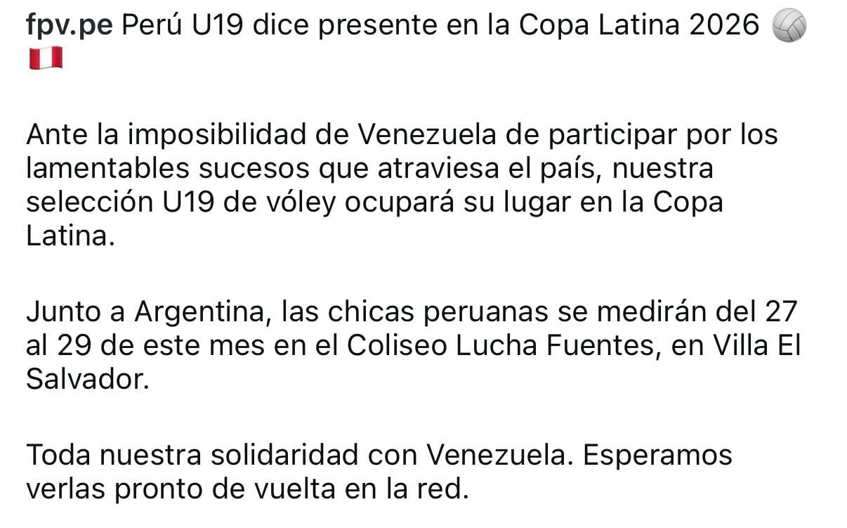 FPV explicó la ausencia de Venezuela en la Copa Latina de vóley 2026.