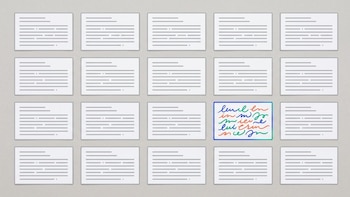 Veinte tarjetas sobre fondo gris: diecinueve con líneas grises uniformes y una con trazos manuscritos de colores